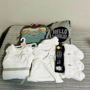 NWT Newborn 0-3 Lot Onesies Clothing Socks Bundle Baby Shower, 19 Pieces Total